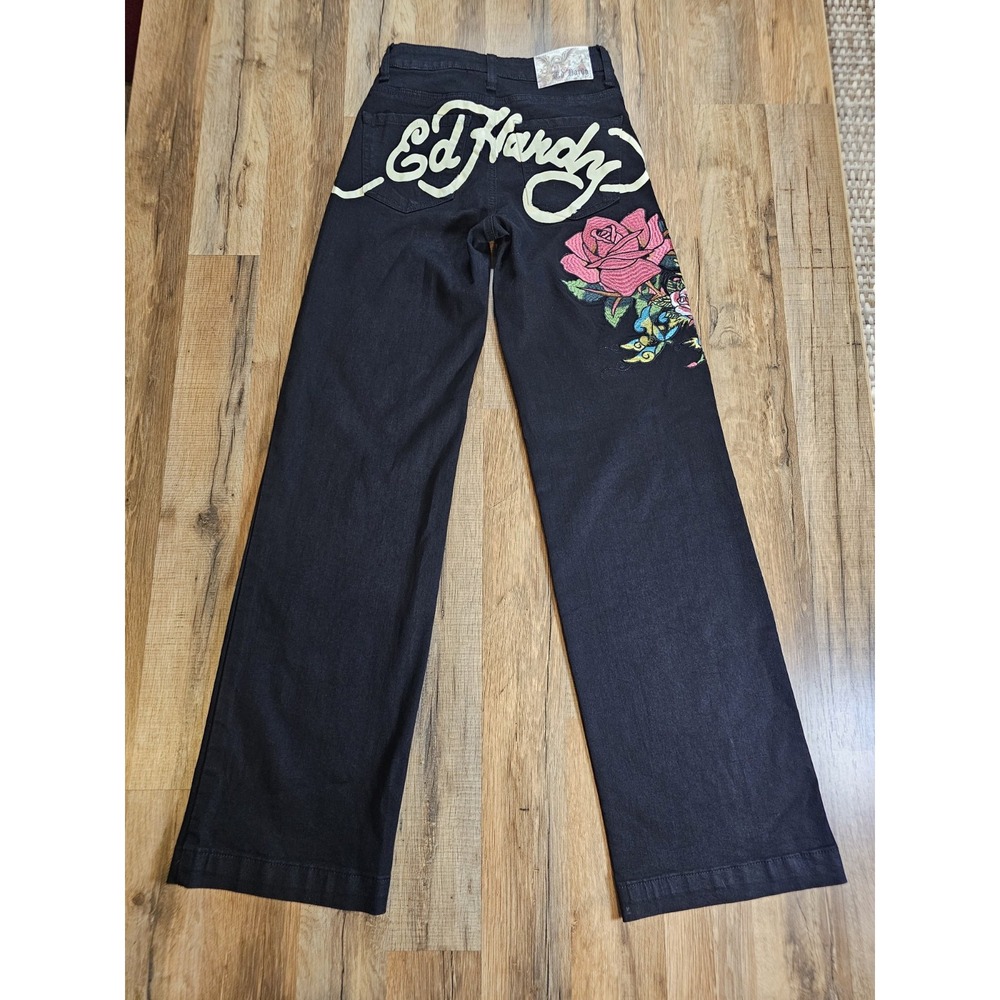 Ed Hardy Skull Rose Embroidered Wide Leg Denim Jeans Women's 24 Black